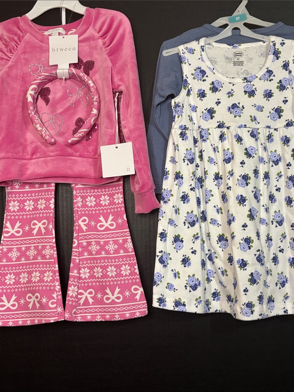 Btween Pink Velour Heart Top with Pants & Luvable Friends Floral Dress Bundle 3T
